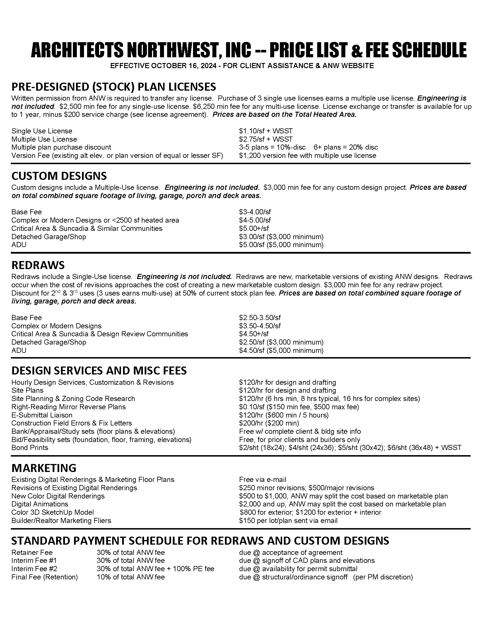 Architects Northwest Pricing